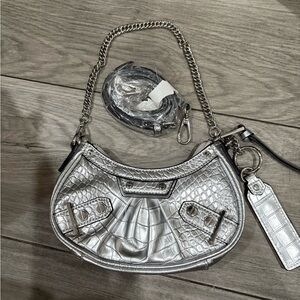 Aldo Metallic Silver Croc-Embossed Shoulder Bag